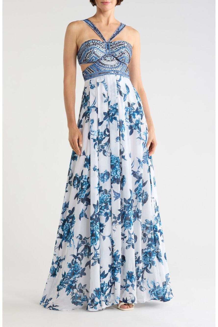 NWT L'AGENCE Annistyn Cutout Embellished Floor Long Gown $1395 0 XS Blue White